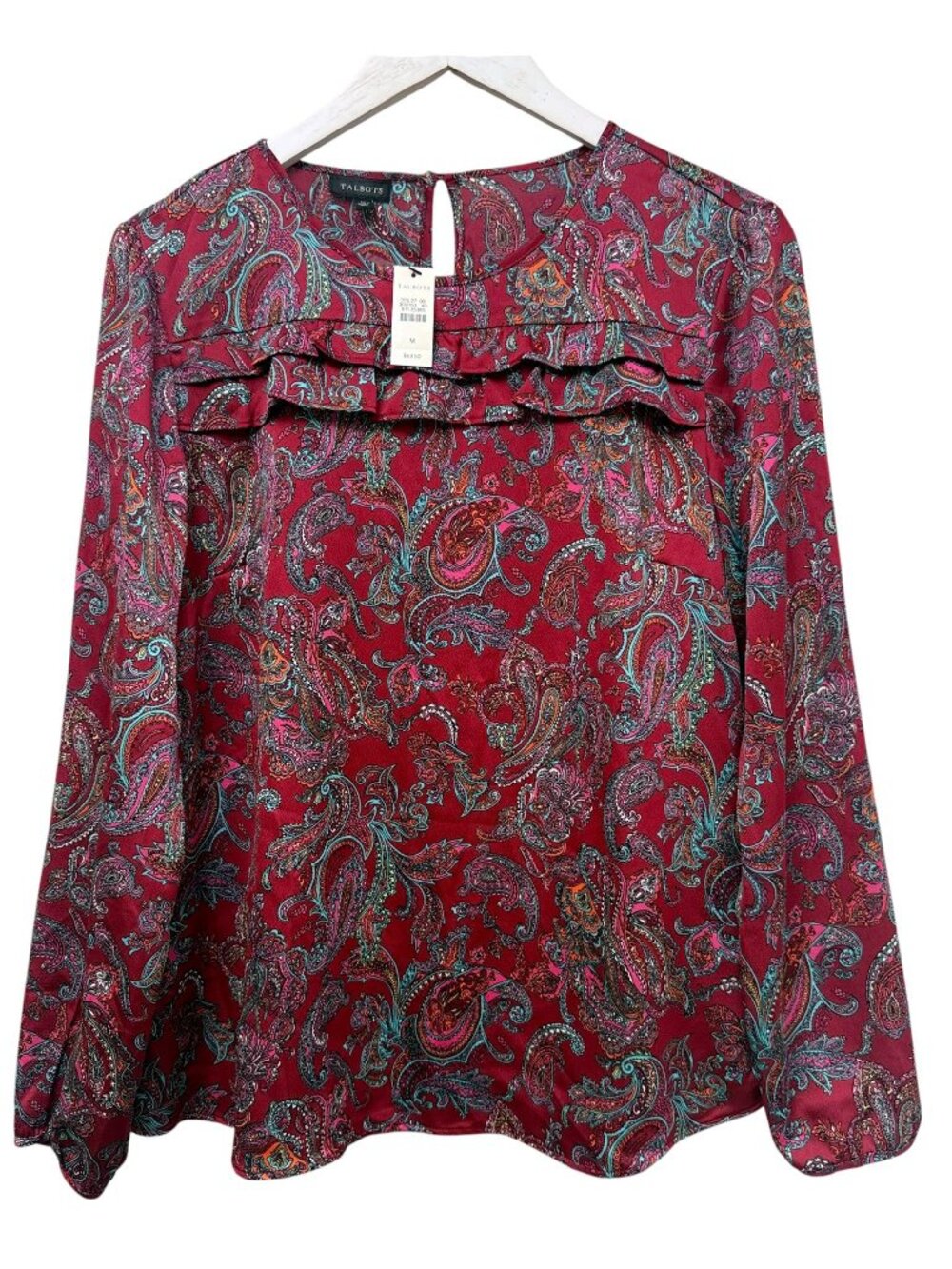 TALBOTS Paisley Ruffle Blouse Womens Medium Red Long Sleeve NWT Career Top